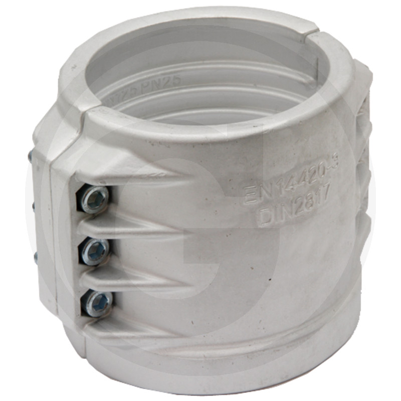 Twee-delige Schalen Voor De Verbinding Van Koppelingen Met Gladde Slangtules En Borgkraag. Compleet Met Binnenzeskantbouten En Moeren. Geperst Aluminium.