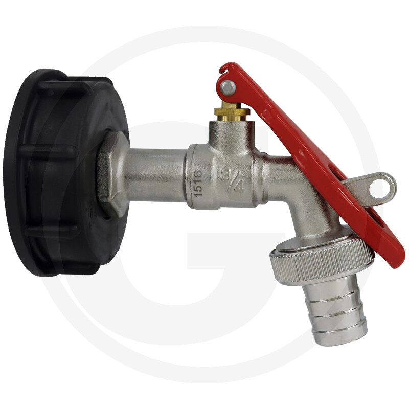 IBC-adapter S60x6 met messing kogelkraan 3/4" en slangtule, afsluitbaar