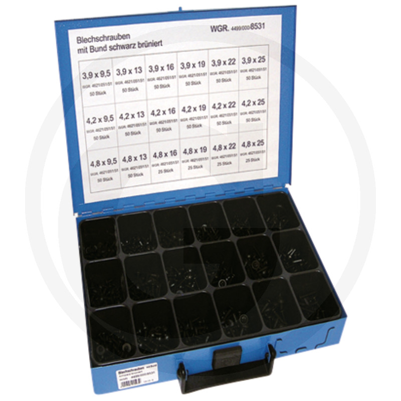 Assortiment plaatschroeven met kraag, zwart verzinkt, 18-voudig