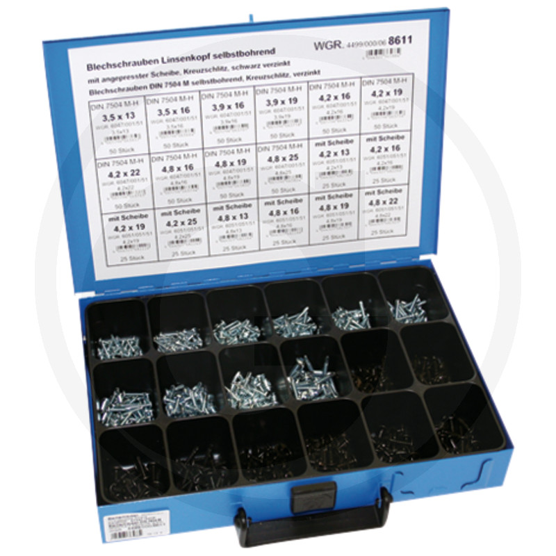 Assortiment plaatschroeven, zelftappend, met geperste ring, 18-voudig