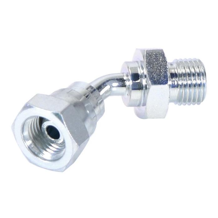 Hydraulisch verloopstuk 1/4'' BSP Man x 1/4'' BSP Wartelmoer, vrouwelijk 135° Gebogen Hydraulisch verloopstuk 1/4'' BSP Man x 1/4'' BSP Wartelmoer, vrouwelijk 135° Gebogen