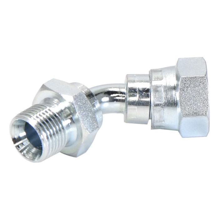 Hydraulisch verloopstuk 3/8'' BSP Man x 3/8'' BSP Wartelmoer, vrouwelijk 135° Gebogen Hydraulisch verloopstuk 3/8'' BSP Man x 3/8'' BSP Wartelmoer, vrouwelijk 135° Gebogen