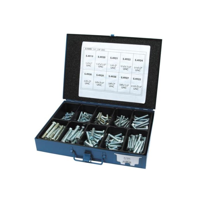 Imperial Bolt & Setscrew Assortment, Afm: 1/4 - 3/8'', Lengte: 1 - 3'' UNC (Din 933/931) 230stuks Metalpak