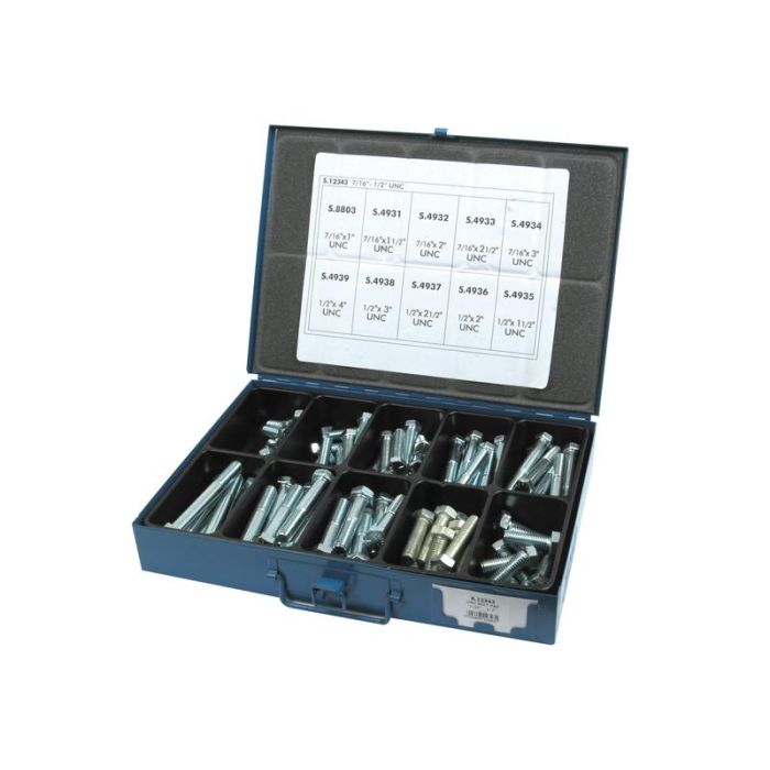 Sortiment kaiserlicher Schrauben und Gewindestifte, Abmessung: 7/16 - 1/2'', Länge: 1 - 4'' UNC (Din 933/931) 95 Stück Metalpak