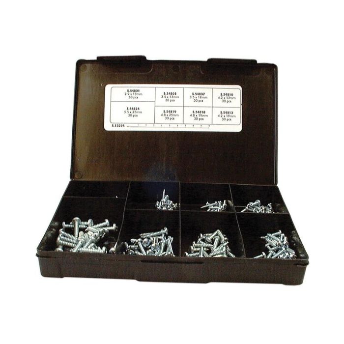 Assortiment zelftappende schroeven kruiskop 2.9 - 5.5 verzinkt DIN 7981B Handipak Assortiment zelftappende schroeven kruiskop 2.9 - 5.5 verzinkt DIN 7981B Handipak