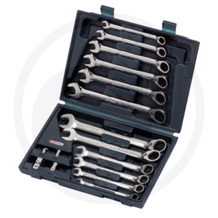 KS Tools GEARplus® Ratschenringschlüsselsatz, umschaltbar, 16-teilig, 8-19 mm, mit Adapter