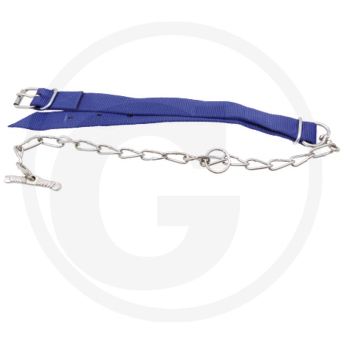 Trevira-halsband voor kalveren, met leer versterkte trevira-halsband, met ketting en knevel - blauw, 850 x 40 mm