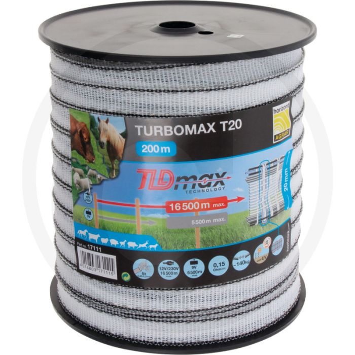 Horizont schriklint turbomax t20 - 8 draden, 20 mm breed, 200 m rol, tld 0,25 mm, 0,15 ohm/m, 16,5km max. omheininglengte (net-accuapparatuur)
