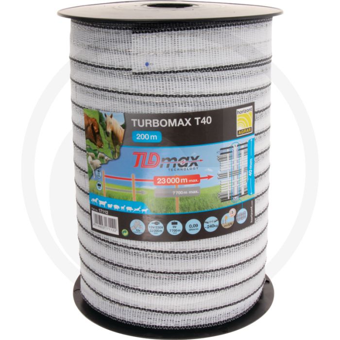 Ruban de clôture horizontale turbomax t40 - 40 mm de largeur, rouleau de 200 m, épaisseur du fil 0,25 mm, conductivité 0,09 ohm/m, longueur de clôture max. 23 km (équipement sur batterie)