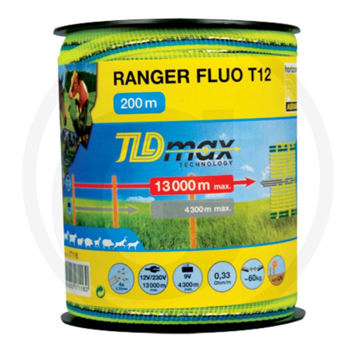 Horizont schriklint ranger fluo t12 - 12 mm breed, 200 m rol, 0,25 mm tld draaddikte, 0,33 ohm/m geleidingsvermogen, 13km omheininglengte zonder begroeiing.