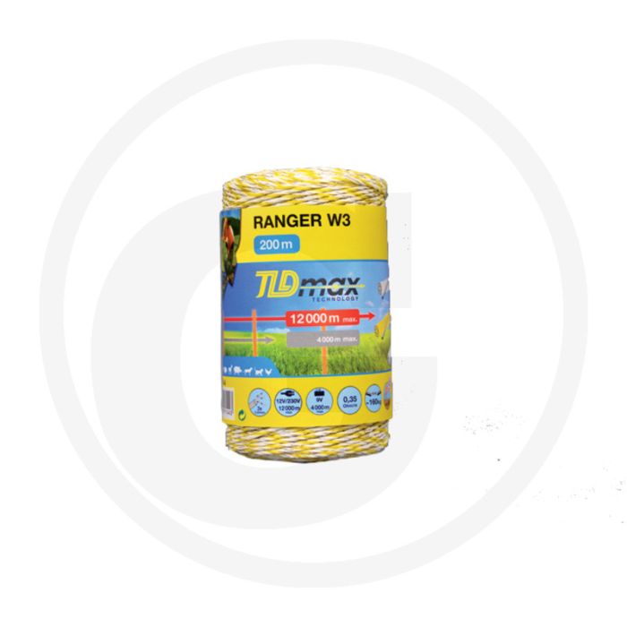 Horizont schrikdraad ranger w3-w - 3 draden, 200 m rol, tld 0,25 mm, 0,35 ohm/m, 13km bereik zonder begroeiing, 4km met accu - wit/geel/wit