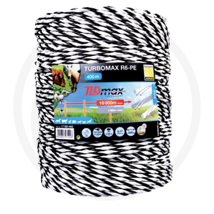 Horizont schrikdraad turbomax r6-pe 6 draden 800m 0,17 ohm/m 16km/5,3km 500kg uv-stabiel, wit/grijs