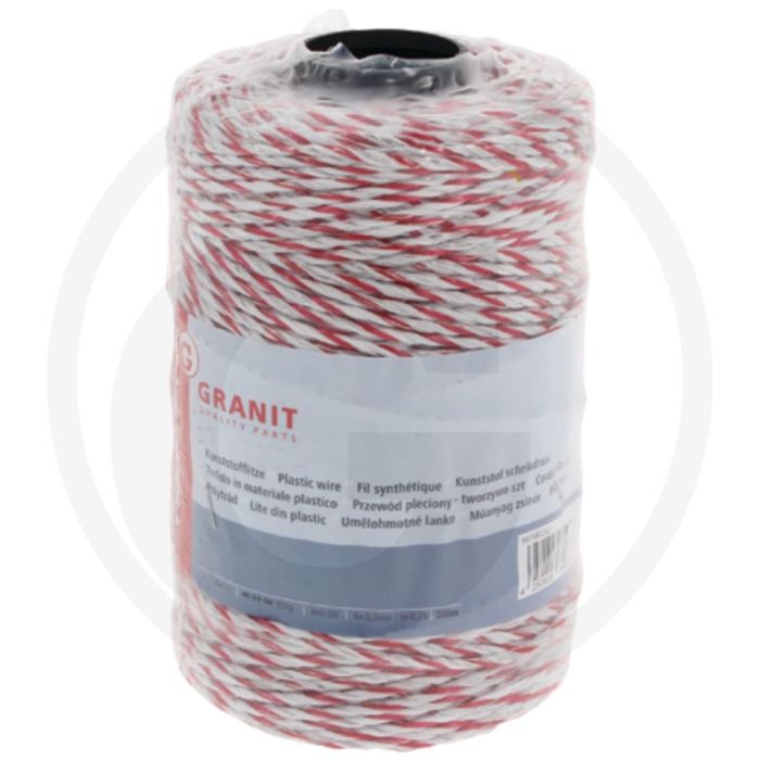 Kunststof schrikdraad 200m rol, wit/rood, 0,33 ohm/m, 7 draden, 95kg breukbelasting