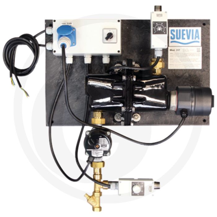Suevia verwarmingsapparaat model 317 retourtemperatuurregeling, 3.000 watt, 230 volt voor 1/2 inch of 3/4 inch - vorstvrij water voor vee