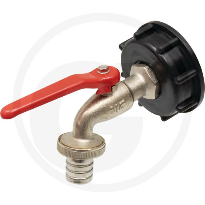 Adaptateur Ibc extra court S60x6 avec vanne à bille en laiton 3/4" et embout cannelé Ø : 19 mm - version : « hobby »