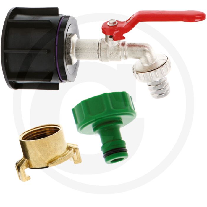 Adapterset messing kogelkraan ibc - draad: s60x6 & accessoires: 1x adapter, 1x kogelkraan, 1x klauwkoppeling, 1x kraanaansluiting