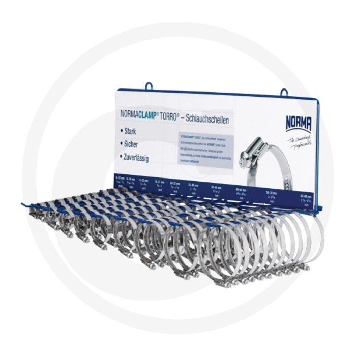 Norma norma assortiment slangklemmen bandbreedte: 9 mm, inclusief wanddisplay, 100-delig - multirange, staal w2 verzinkt, din3017