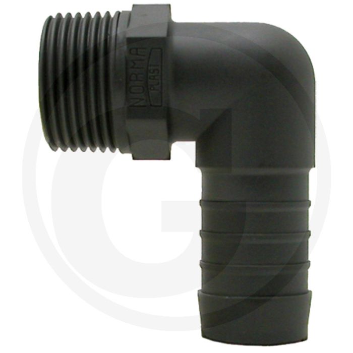 Hoek 90° pvc slangtule-Ø 13mm buitendraad 1/2" l 44mm c 13mm sleutelmaat 19mm h 1/2"