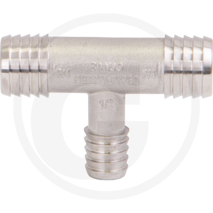 Banjo banjo t-stuk, recht 90°, rvs, slangaansluiting: 3/4" x 3/4" x 1/2"