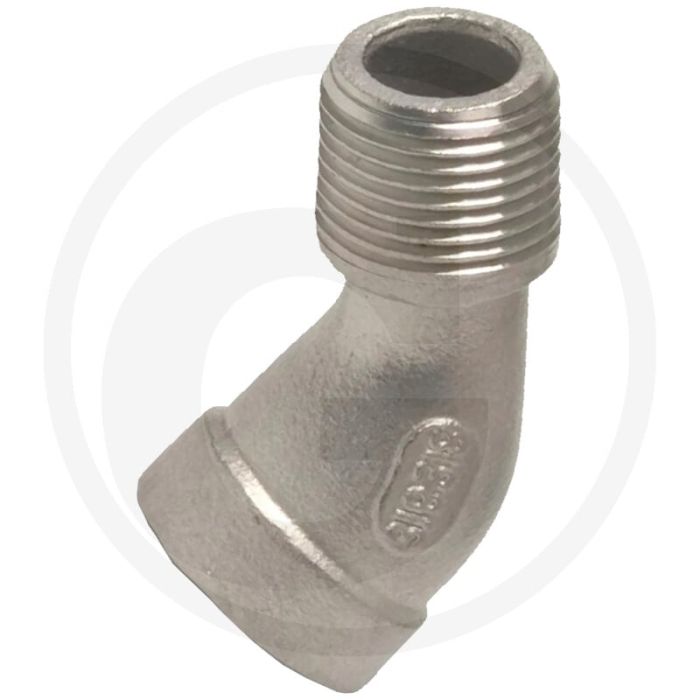 Bocht 45° roestvrijstaal 1/2" binnendraad 1/2" buitendraad