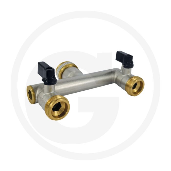 Afsluitkraan verdeelstuk - met 2 uitgangen, 3/4" aansluiting, 2x 3/4" uitloop, 110 mm afstand