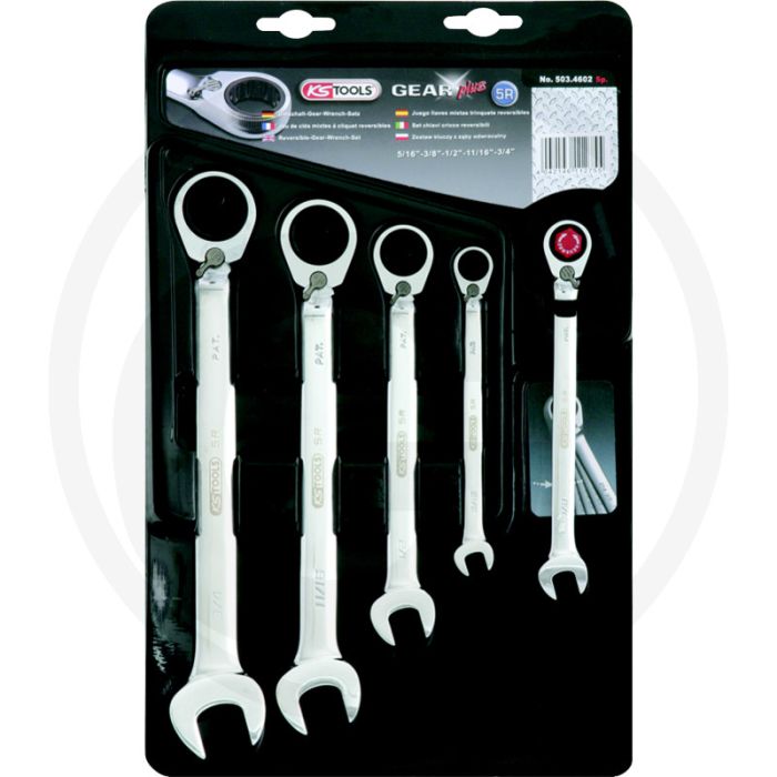 Ks tools gearplus® ratelringsteeksleutelset, 5-delig, inchmaten, type: ringratel-steeksleutel, sleutelmaten: 5/16" - 3/4" Ks tools gearplus® ratelringsteeksleutelset, 5-delig, inchmaten, type: ringratel-steeksleutel, sleutelmaten: 5/16" - 3/4"