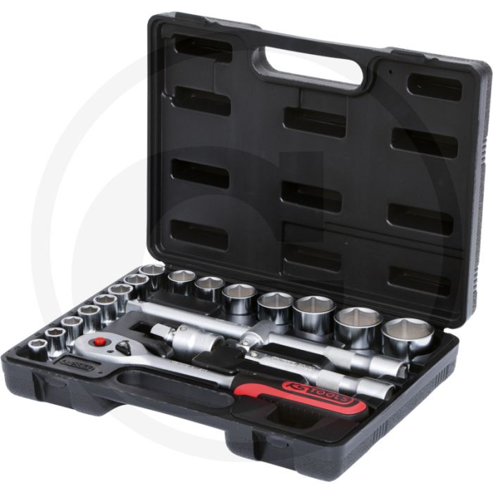 Ks tools 1/2" dopsleutelset - 15x dopsleutels, cardangewricht, verlengstuk, schuifgreep, ratel - 45 tands