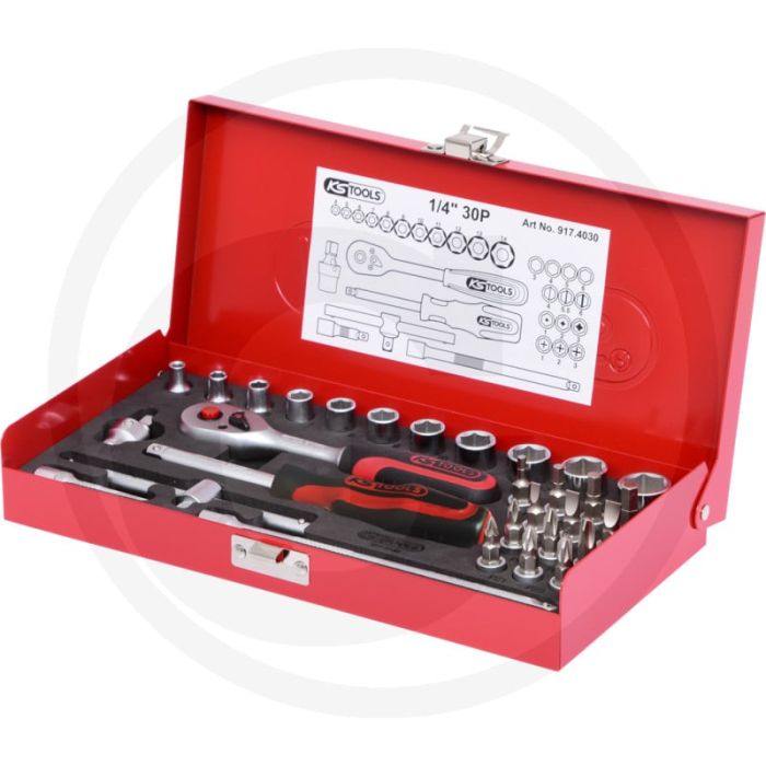 Jeu de clés à douille Ks Tools 1/4" Classic, 30 pièces - 45 dents, angle d'actionnement de 8°, 1 200 grammes Jeu de clés à douille Ks Tools 1/4" Classic, 30 pièces - 45 dents, angle d'actionnement de 8°, 1 200 grammes