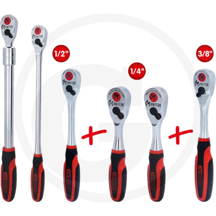 Ks tools monster omkeerbare ratelset 6-delig - fijngetand ratelmechanisme met 80/96/100 tanden Ks tools monster omkeerbare ratelset 6-delig - fijngetand ratelmechanisme met 80/96/100 tanden