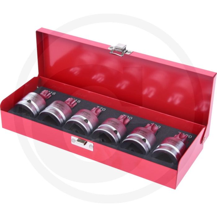 Ks tools 3/4" krachtdopsleutelbitset, 6-delig, tx, m16-m18-tb70-tb80-tb90-tb100, kort, mat satiniert