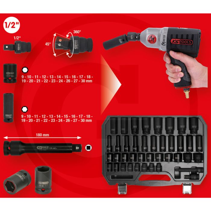Ks tools 1/2" sechskant-kraft-stecknuss satz - 11-delig met korte en lange doppen