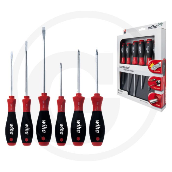 Wiha 6-delige schroevendraaierset softfinish® - zaagsnede 4,0/5,5/6,5 mm, kruiskop ph1/ph2/pz2