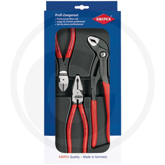 Jeu de pinces Knipex 3 pièces : pince multiprise 180 mm, pince coupante latérale 160 mm, pince à pompe à eau cobra® 250 mm - 4 pièces