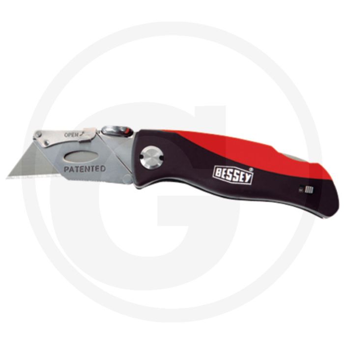 Bessey uitschuifmes uitklapbaar met kunststof handgreep - duimkussen, 5 reservemesjes, snelle meswissel, riemclip - totale lengte 160mm