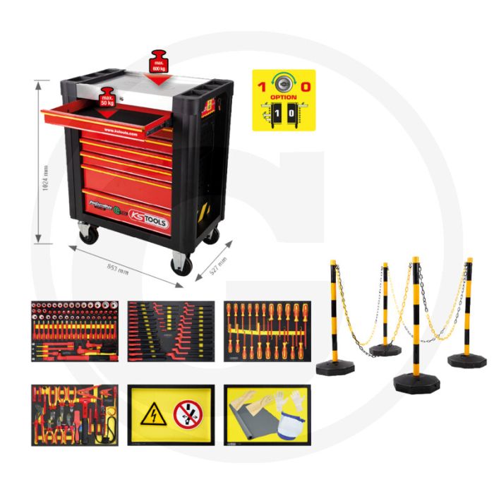 Ks tools gereedschapswagen performanceplus e10 zwart / rood, 164 geïsoleerd gereedschappen + afzetpalenset, 7 schuiflades, abs omlijsting, 100% uittrekbaar Ks tools gereedschapswagen performanceplus e10 zwart / rood, 164 geïsoleerd gereedschappen + afzetpalenset, 7 schuiflades, abs omlijsting, 100% uittrekbaar