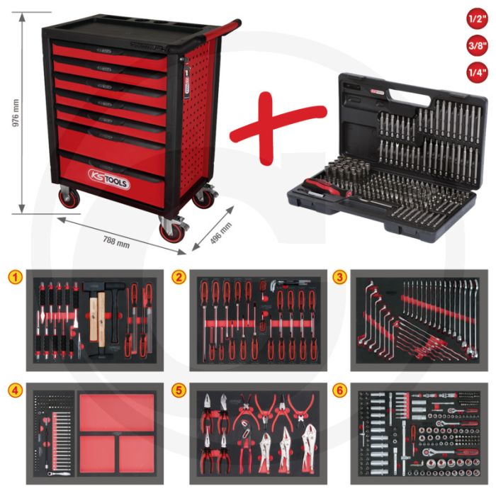 Ks tools gereedschapswagen "racingline" met 598-delig assortiment - 7 schuifladen - draagvermogen 350kg Ks tools gereedschapswagen "racingline" met 598-delig assortiment - 7 schuifladen - draagvermogen 350kg