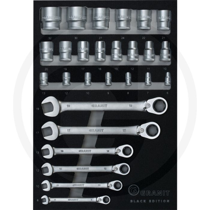 Black edition moduleset heavygrip ringratel steeksleutels en dopsleutels 1/2", 27-delig, metrisch - heavygrip serie, 85% losdraaien, 72 tanden.
