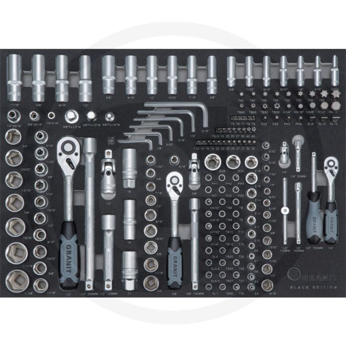Black edition black edition moduleset dopsleutels, inch 1/4", 3/8" en 1/2", 179-delig - afmetingen: 564 x 407 x 40 mm