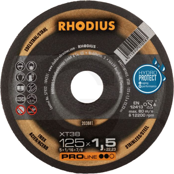 Disque à tronçonner Rhodius xt38 pour acier inoxydable 125x1,5x22,2mm