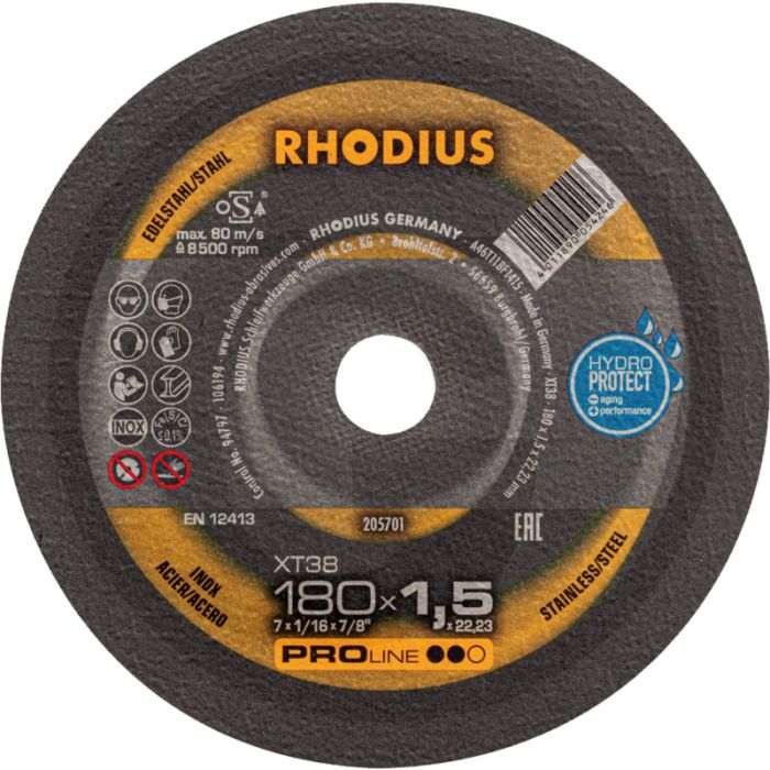 Disque à tronçonner Rhodius xt38 pour acier inoxydable Ø180x1,5x22,2mm