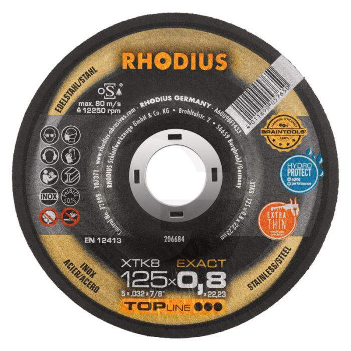 Disque à tronçonner Rhodius xtk8 exact pour acier inoxydable Ø125x0,8mm courbé