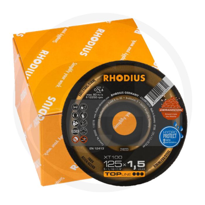 Rhodius rhodius disque à découper xt100 ceramicon, vpe 25 xt100 ceramicon - disque à découper pour acier inoxydable, Ø125mm, 1,5mm d'épaisseur