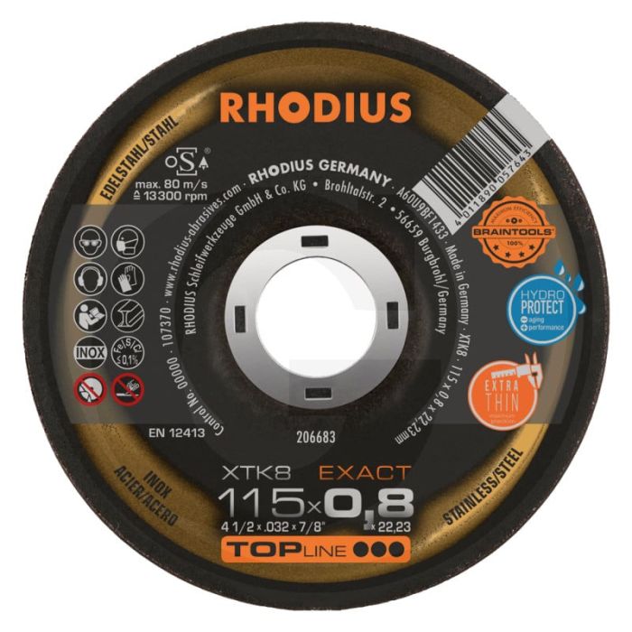 Disque à tronçonner Rhodius XTK8, courbure précise, 115 × 0,8 × 22,2 mm, 13 300 tr/min Disque à tronçonner Rhodius XTK8, courbure précise, 115 × 0,8 × 22,2 mm, 13 300 tr/min
