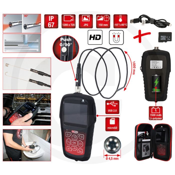 Ks tools hd-videoskop-satz Ø 4,5 mm mit 0° und 90° hd frontkamera-sonde - 4,5 mm hd kamera & led-lampen