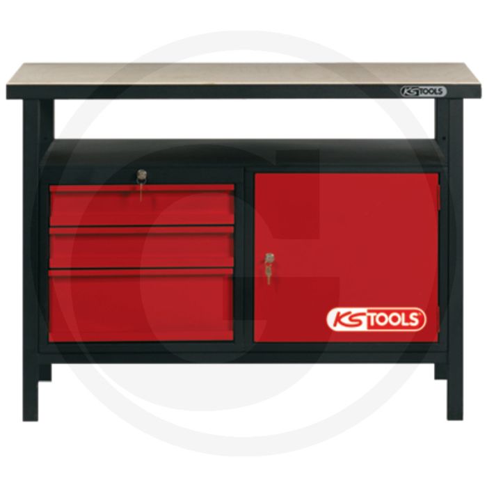Ks tools werkbank met 3 schuifladen en 1 deur, h850xb1200xd600 mm - stabiele staalconstructie