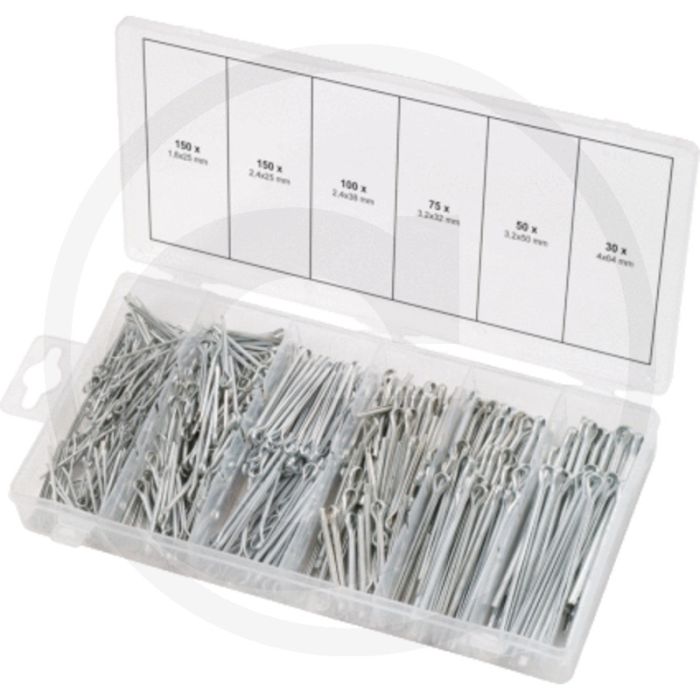 Ks tools assortiment splitpennen, 555-dlg. - 150x 1,6x25 mm - 150x 2,4x25 mm - 100x 2,4x38 mm - 75x 3,2x32 mm - 50x 3,2x50 mm - 30x 4,0x64 mm
