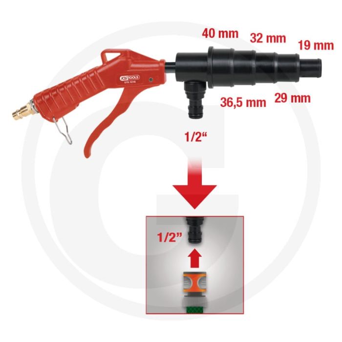 Pistolet de rinçage pour système de refroidissement Ks Tools - buse universelle en caoutchouc - pression d'eau accrue - avec raccord Pistolet de rinçage pour système de refroidissement Ks Tools - buse universelle en caoutchouc - pression d'eau accrue - avec raccord