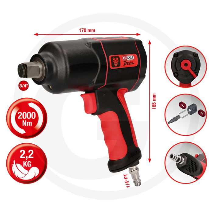 Ks tools schlagschrauber "the devil" ¾" 2000 nm - antislip soft-grip handgreep - luchtafvoer naar beneden