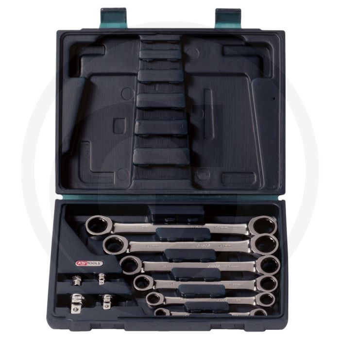 Ks tools gearplus® dubbele ratelringsleutelset, 10-dlg, 8x9-17x19, met adapter - 72 tanden, chroom vanadium Ks tools gearplus® dubbele ratelringsleutelset, 10-dlg, 8x9-17x19, met adapter - 72 tanden, chroom vanadium