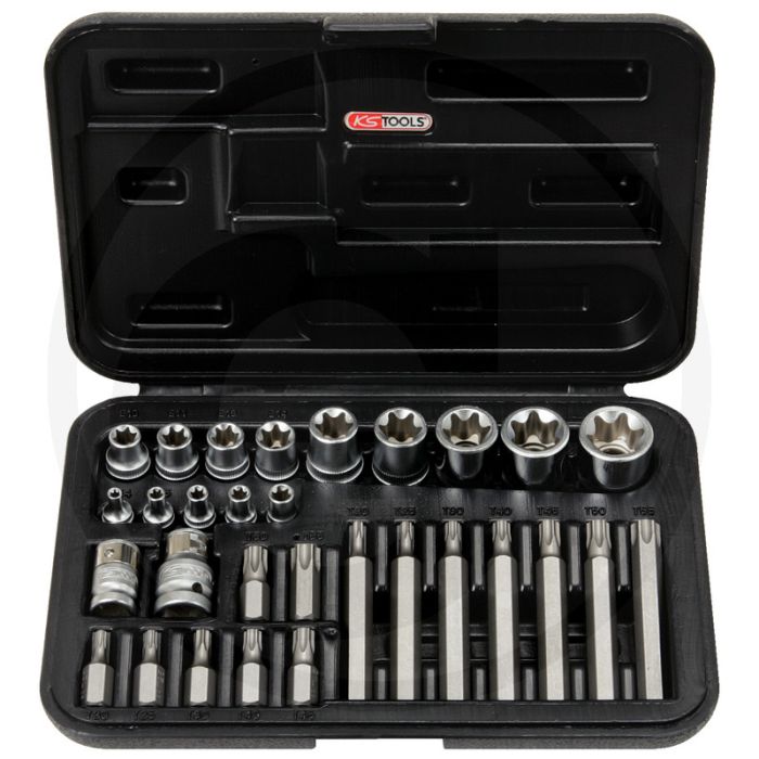 Ks tools 30-teiliger tx steckschlüssel- und bit-satz mit bohrung - chrom vanadium - im kunststoffkoffer